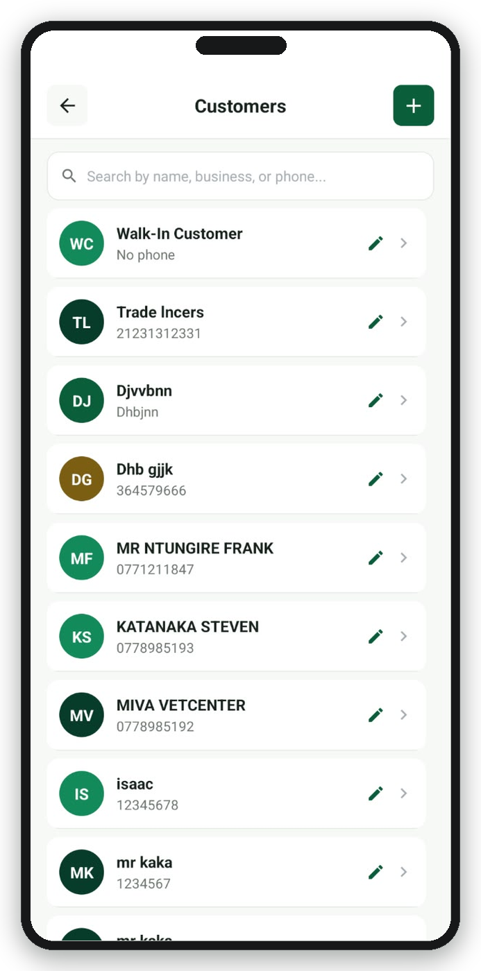 MauzoBooks mobile app customer list