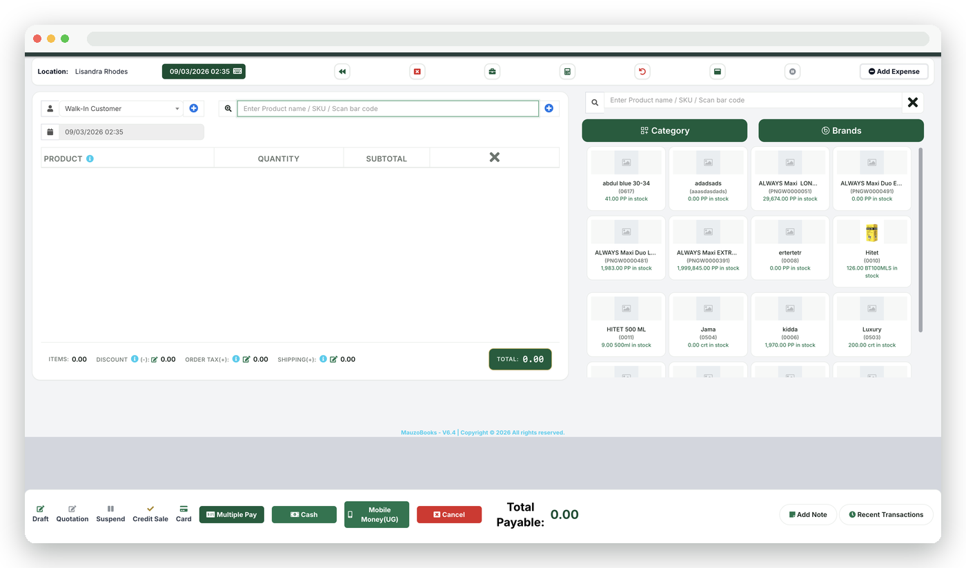 MauzoBooks POS screen